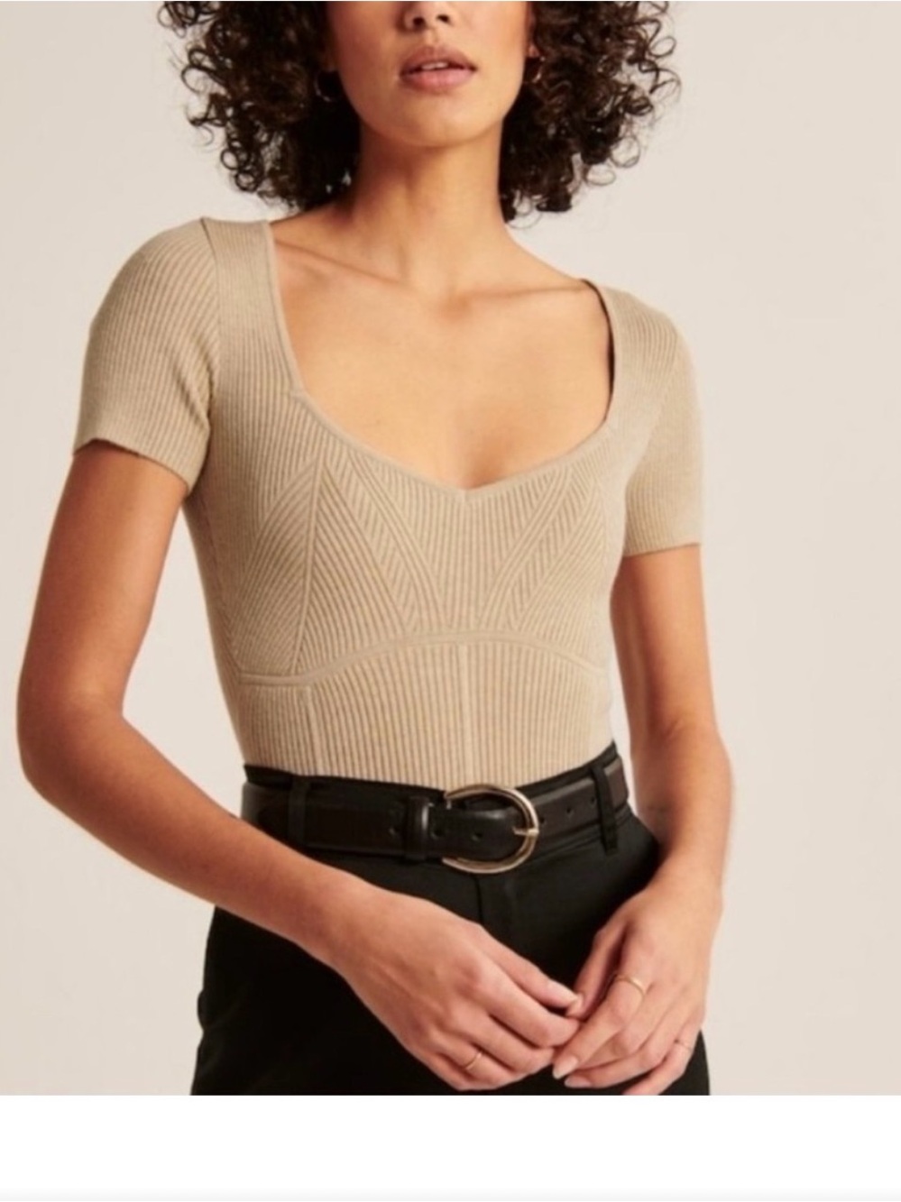Abercrombie & Fitch Beige Ribbed Scoop-Neck Short Sleeve Top